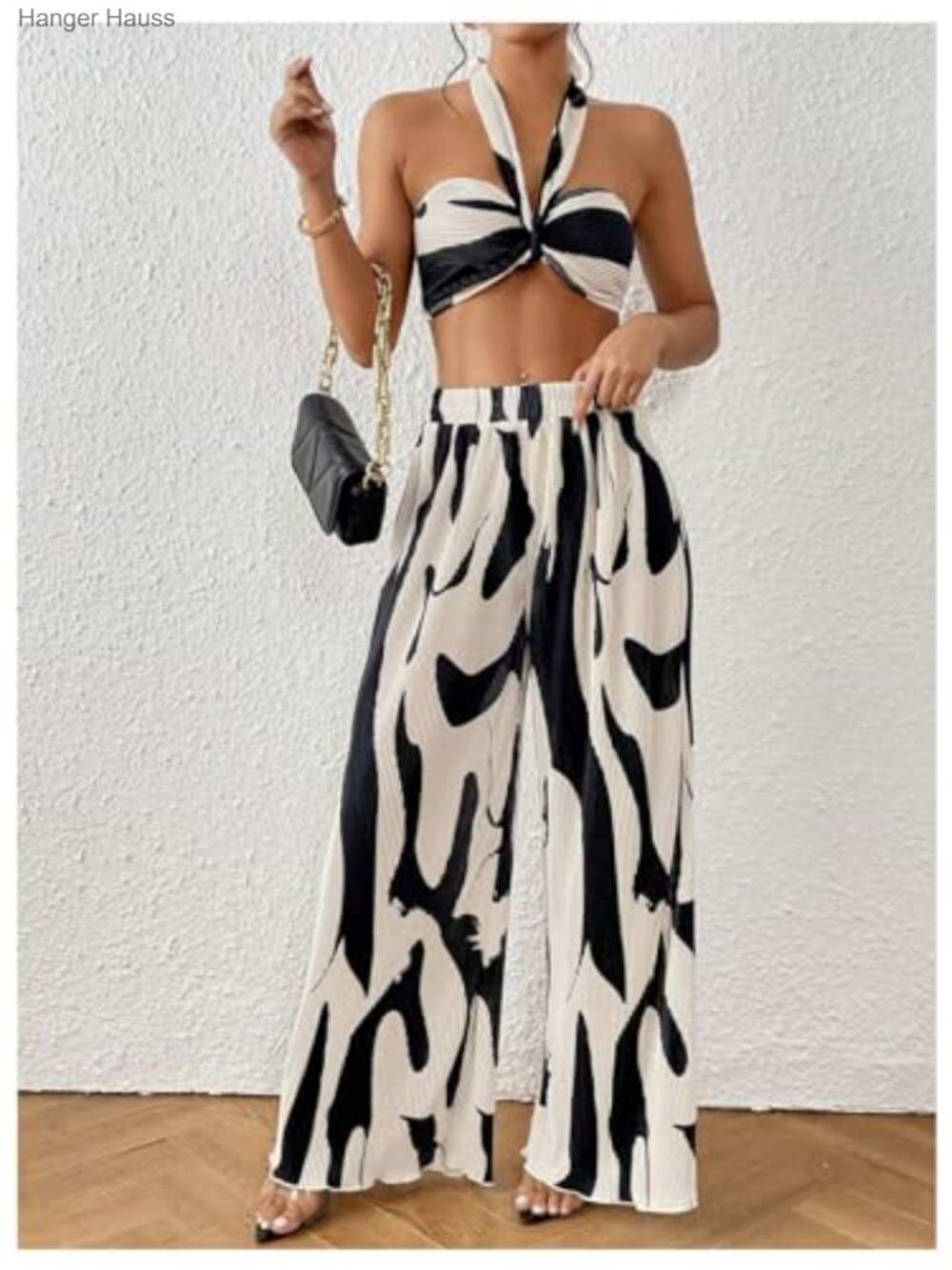 Two Piece Graphic Halter Top Wide Leg Pants Vacation Outfit - Picture 4 of 6